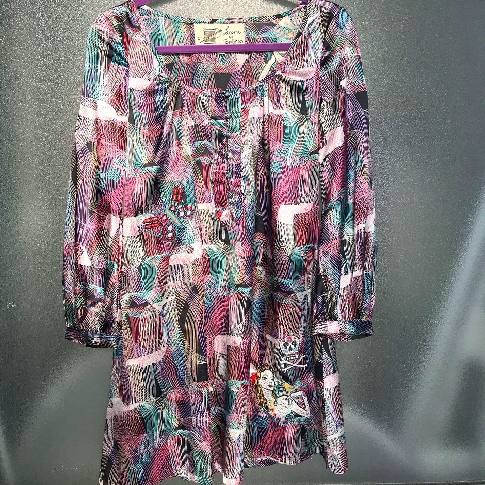 Laura Lees Top Shop UK Multicolor Skulls Tunic Dress Embroidery Dress S